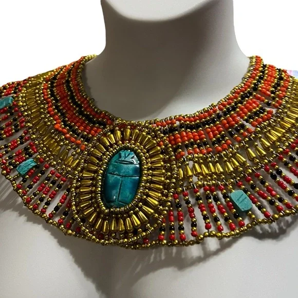 Ancient Egyptian Revival Beaded Scarab Collar
Necklace Handmade Statement Piece - Picture 4 of 9